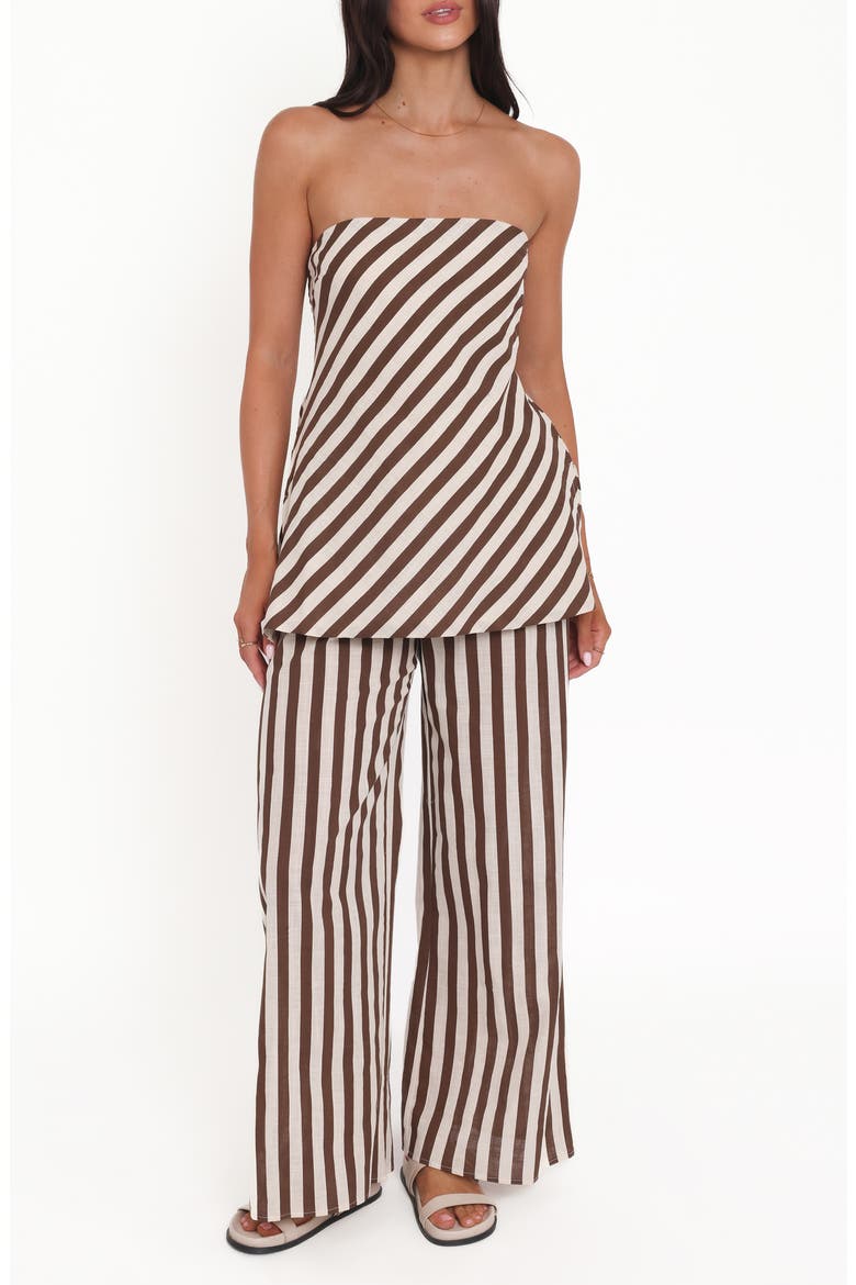 Kim Stripe Cotton Strapless Top & Pants Set, Main, color, BROWN STRIPE