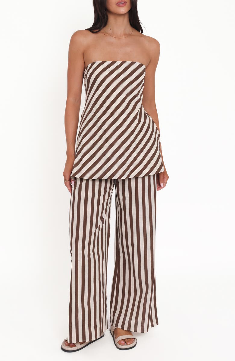 Petal & Pup Kim Stripe Cotton Strapless Top & Pants Set, Main, color, Brown Stripe