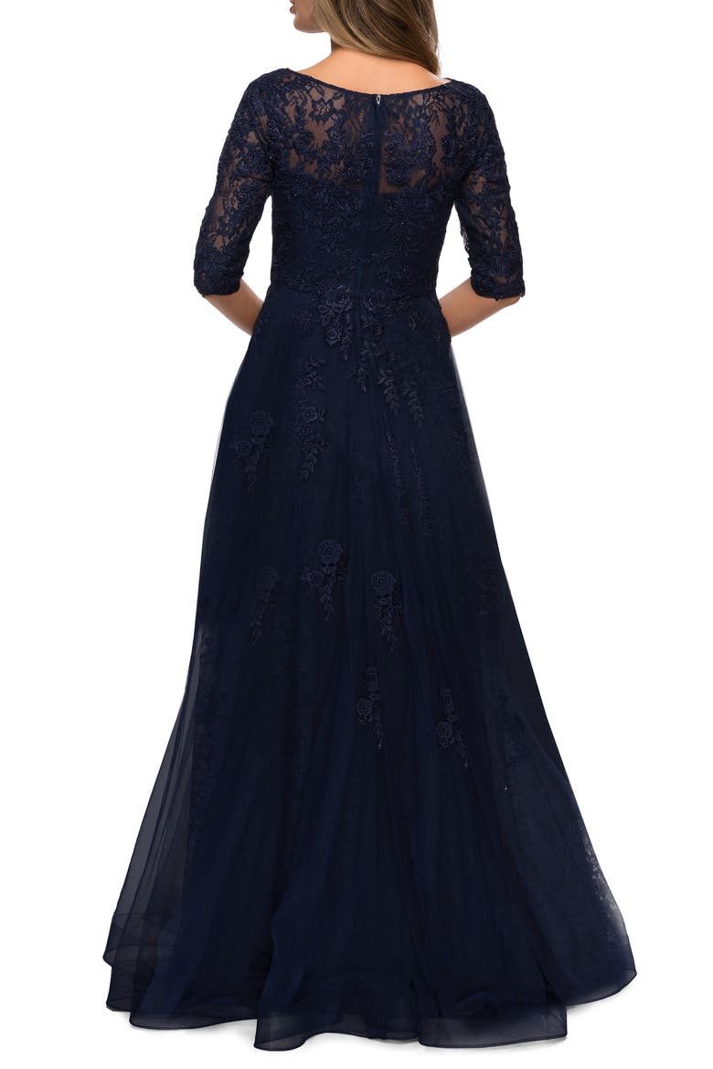 Lace and Tulle A-line Gown with Three Quarter Sleeves, Alternate, color, NAVY