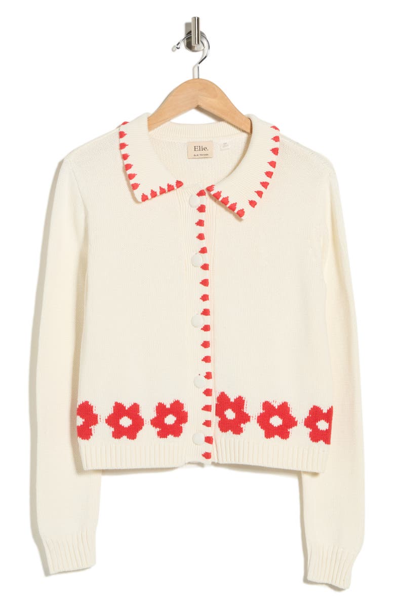 ELIE ELIE TAHARI Collared Buttoned Cardigan, Alternate, color, Ivory/ Red