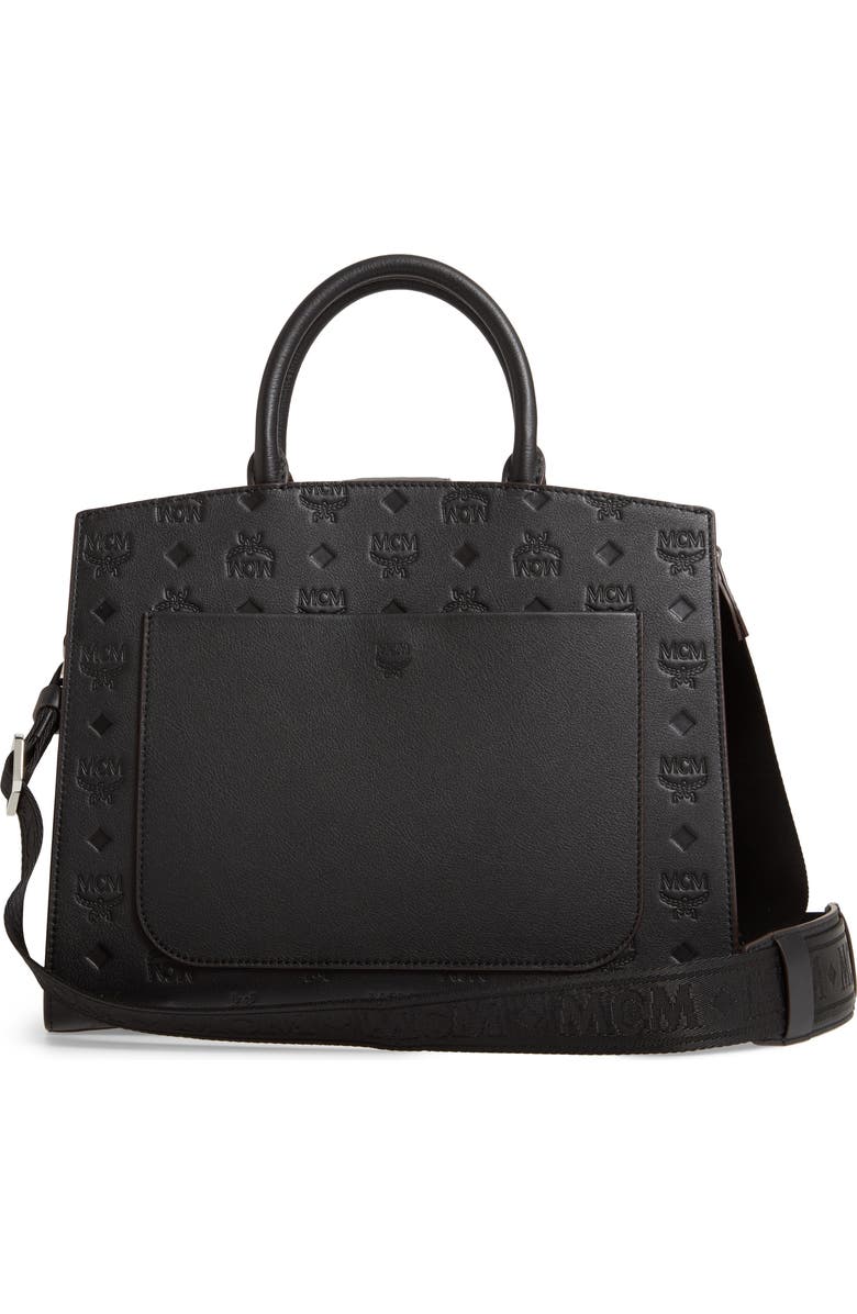 MCM Essential Monogrammed Leather Satchel, Alternate, color,