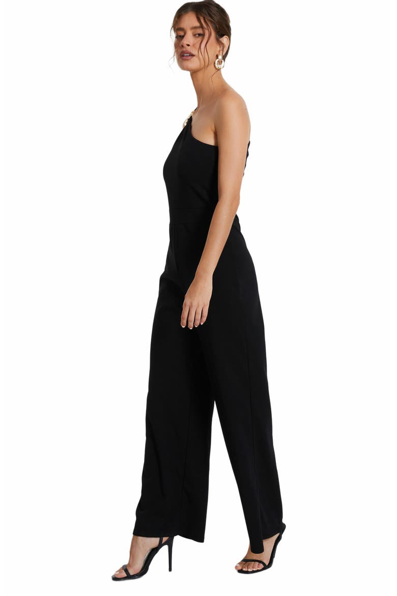 One Shoulder Scuba Crepe Jumpsuit With Gold Buckle, Alternate, color, Black