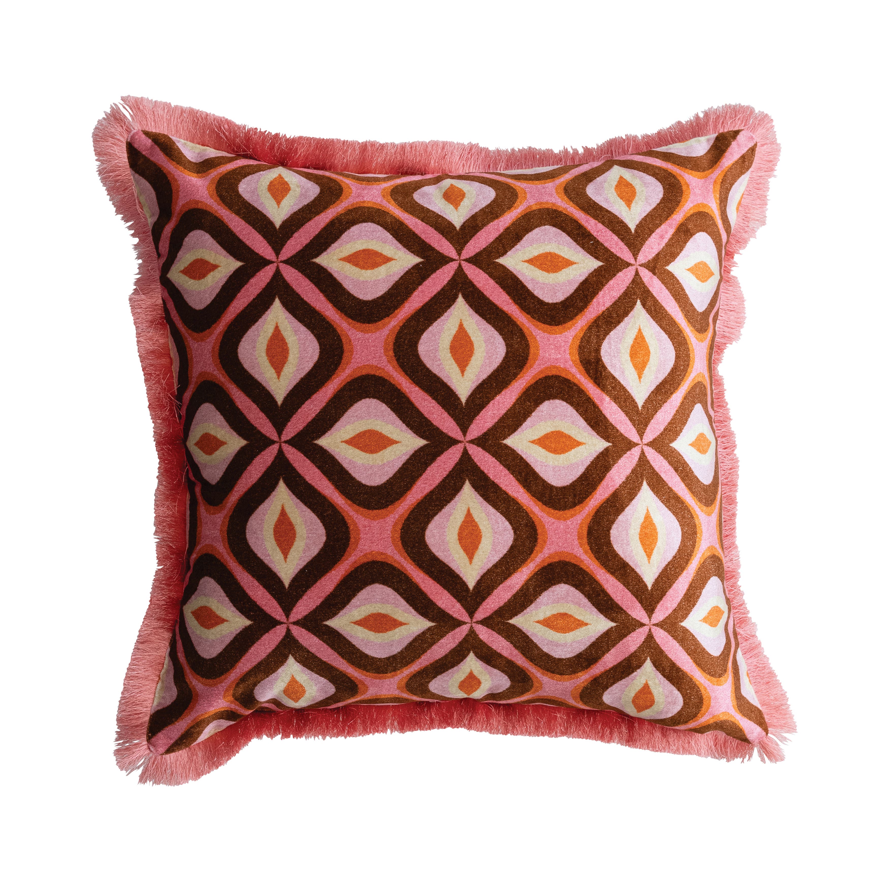 Storied Home Cotton Blend Velvet Printed Pillow With Ogee Pattern And Eyelash Fringe, Multicolor In Red