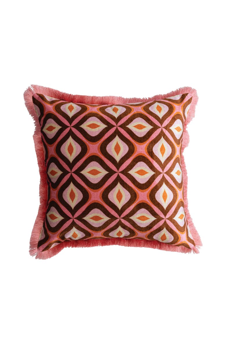 Storied Home Cotton Blend Velvet Printed Pillow with Ogee Pattern and Eyelash Fringe, Multicolor, Main, color, Red