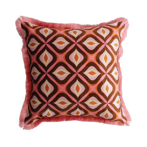 Cotton Blend Velvet Printed Pillow with Ogee Pattern and Eyelash Fringe, Multicolor