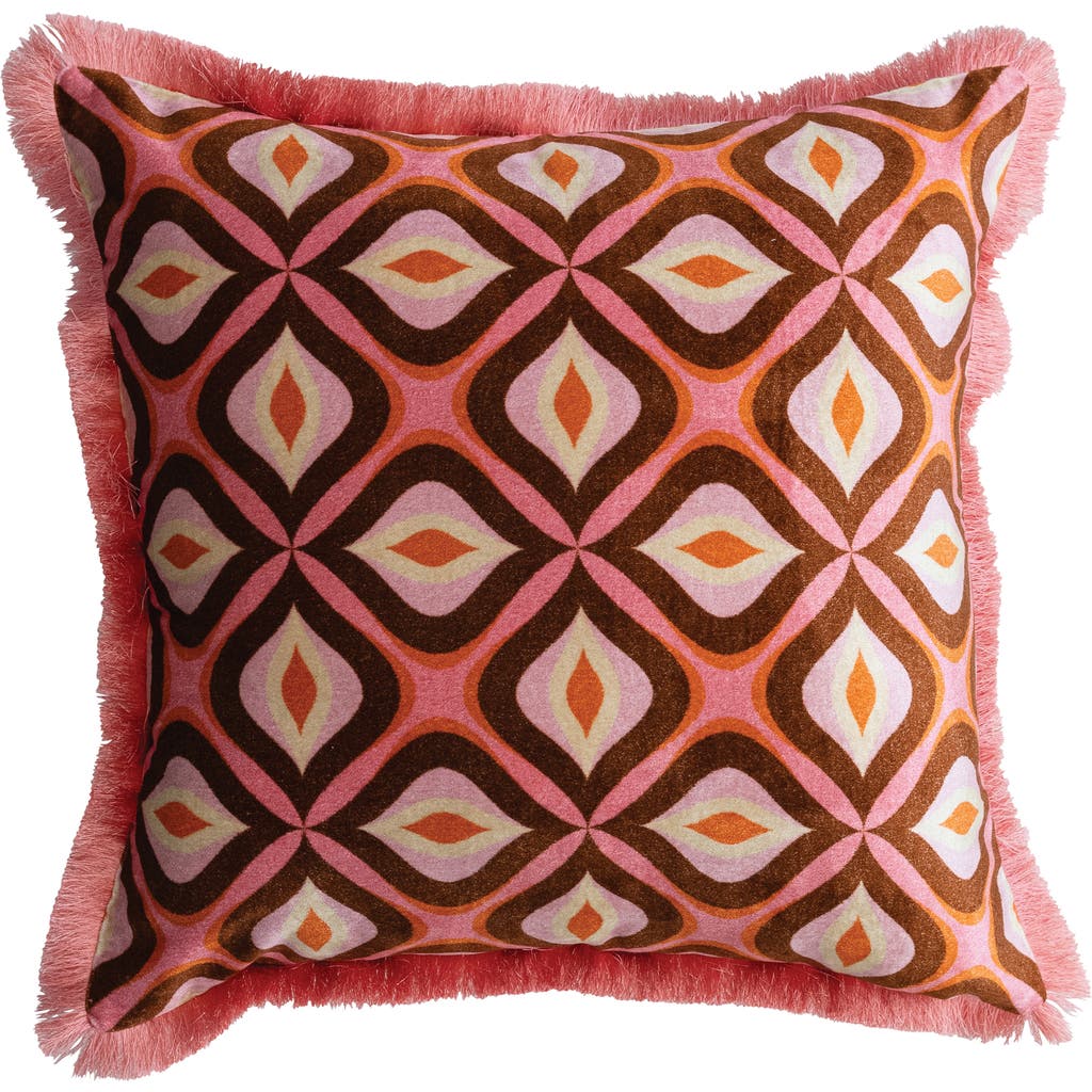 Storied Home Cotton Blend Velvet Printed Pillow With Ogee Pattern And Eyelash Fringe, Multicolor In Red