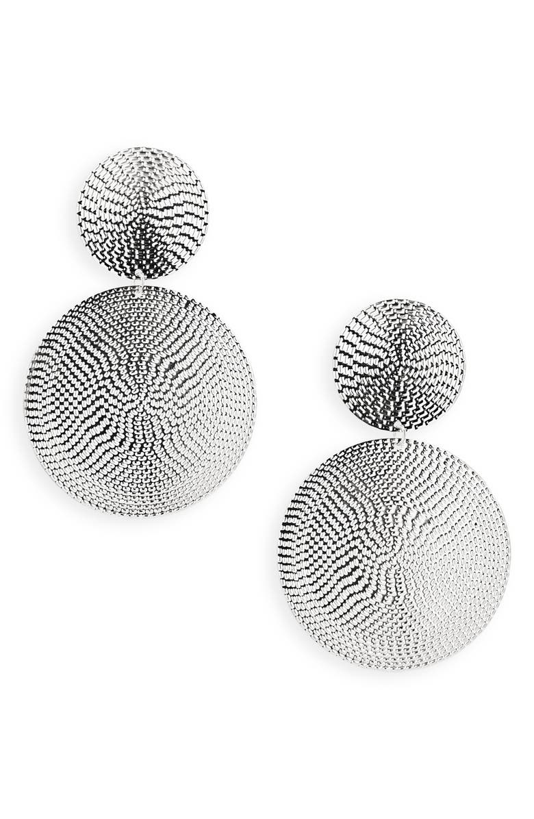Tasha Textured Double Medallion Drop Earrings, Main, color, Silver