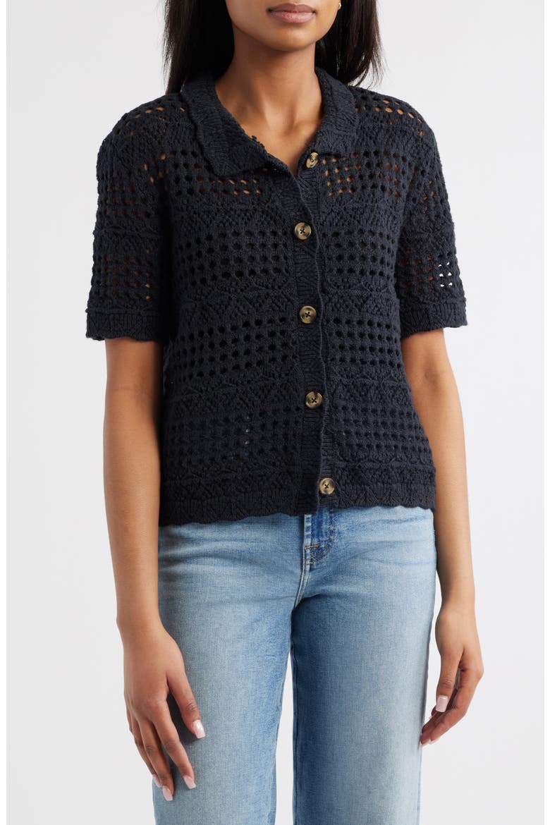 Penny Open Knit Short Sleeve Cardigan, Main, color, BLACK
