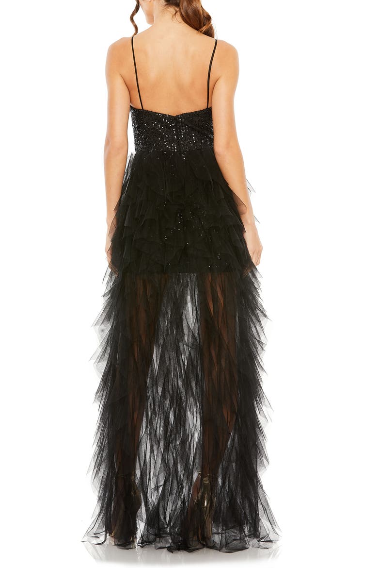 Ruffle High Low Tiered Train Sequin Mini Dress, Alternate, color, BLACK