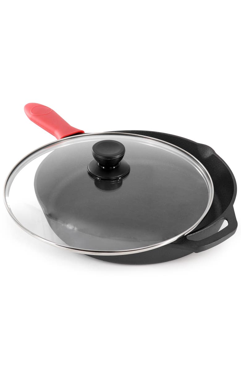 Megachef 12 Inch Pre-Seasoned Cast Iron Skillet with Tempered Glass Lid, Alternate, color, Black