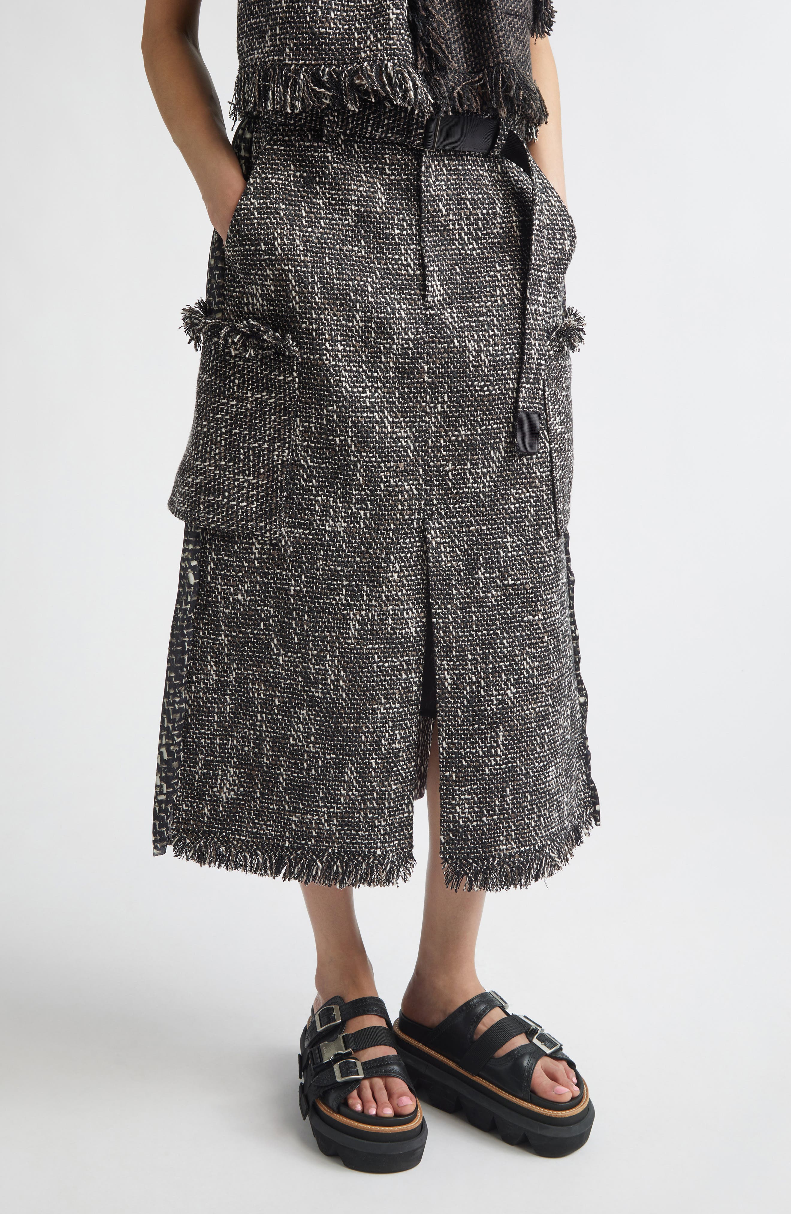 Mixed Media Fringe Tweed & Chiffon Skirt