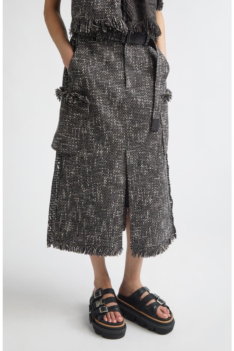 Mixed Media Fringe Tweed & Chiffon Skirt, Main, color, BLACK