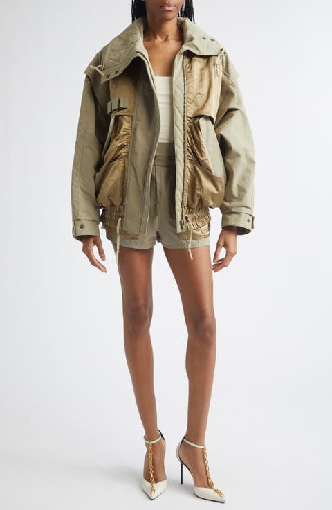 High Waist Multipocket Cotton Twill & Nylon Shorts