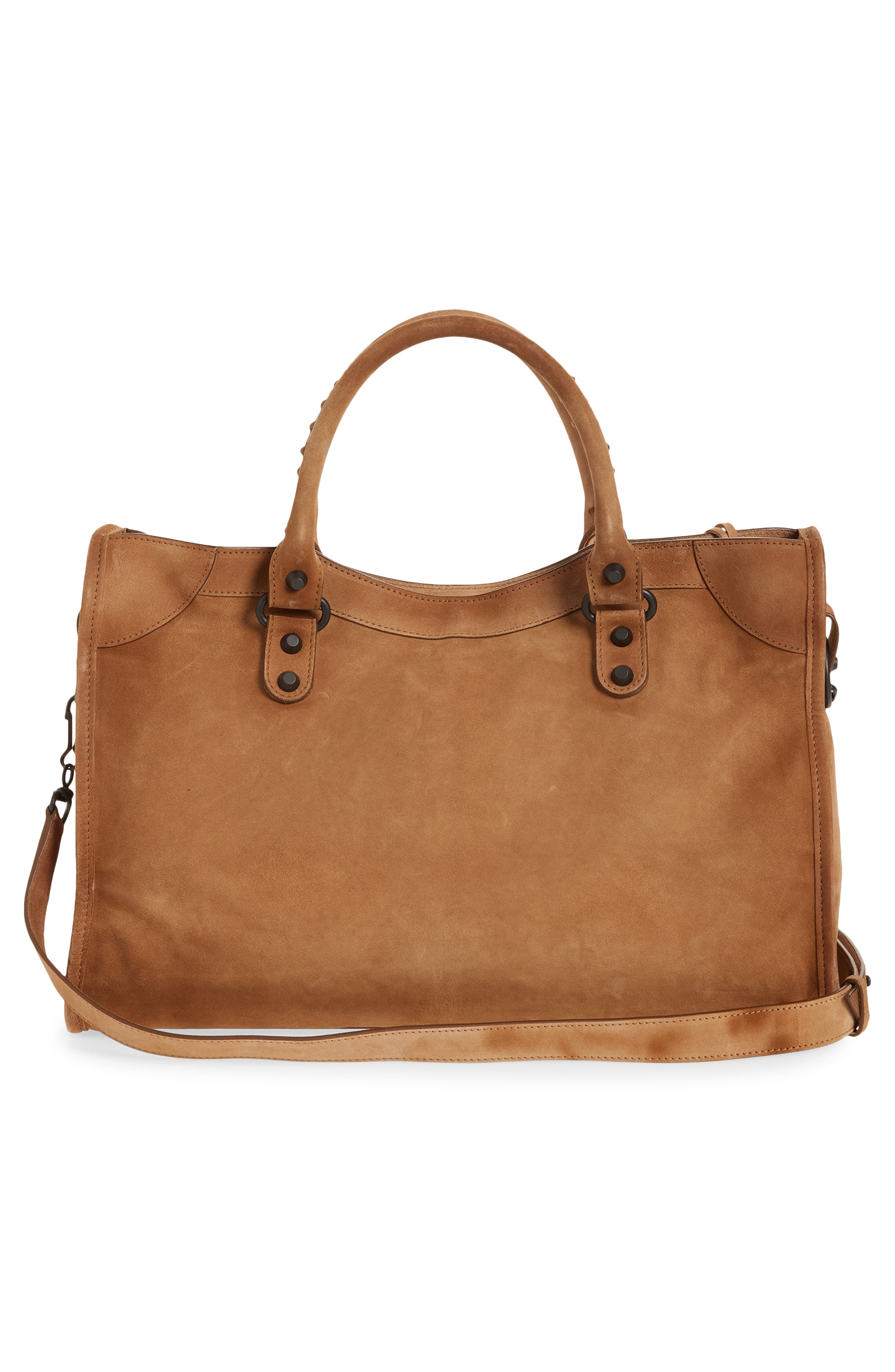 Balenciaga Medium Le City Suede Satchel, Alternate, color, Camel