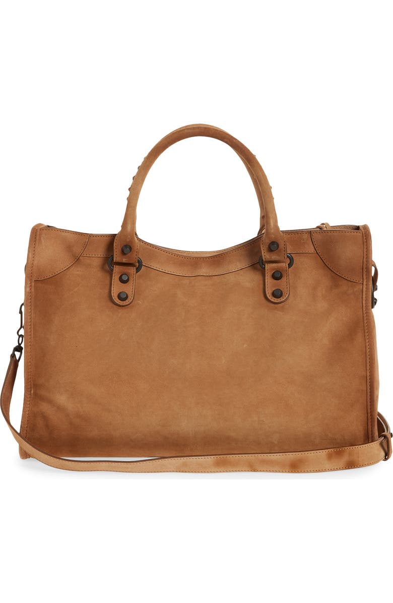 Balenciaga Medium Le City Suede Satchel, Alternate, color, Camel