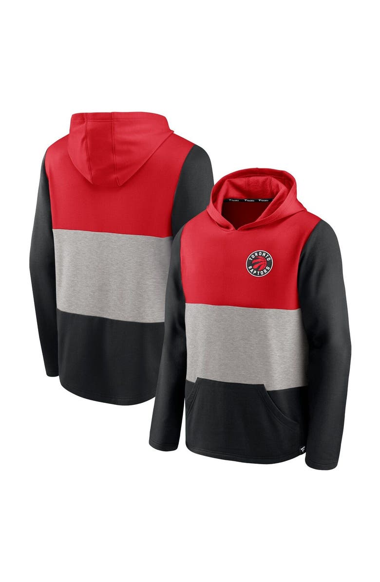 FANATICS Men's Fanatics Branded Red/Black Toronto Raptors Linear Logo Comfy Colorblock Tri-Blend Pullover Hoodie, Main, color,