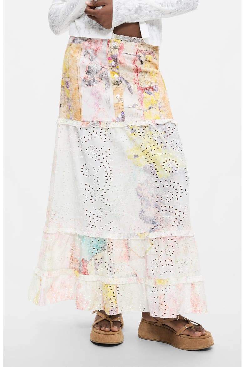 Floral Eyelet Embroidered Tiered Midi Skirt, Main, color, OFF WHITE