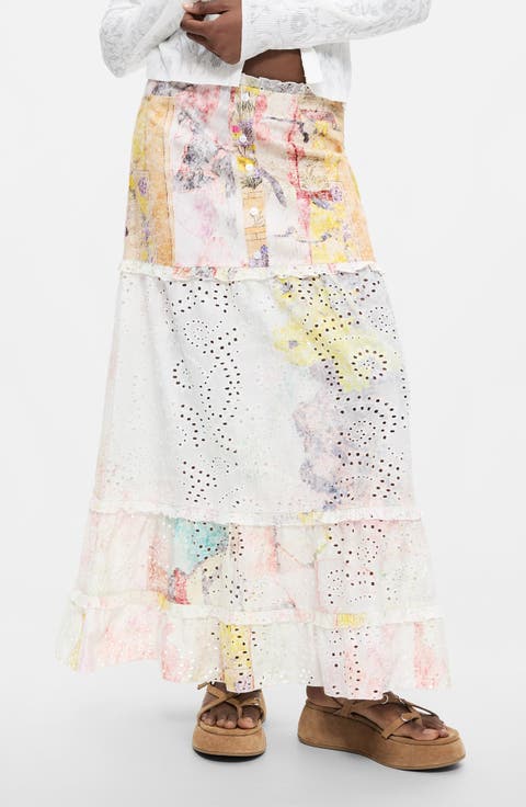 Floral Eyelet Embroidered Tiered Midi Skirt