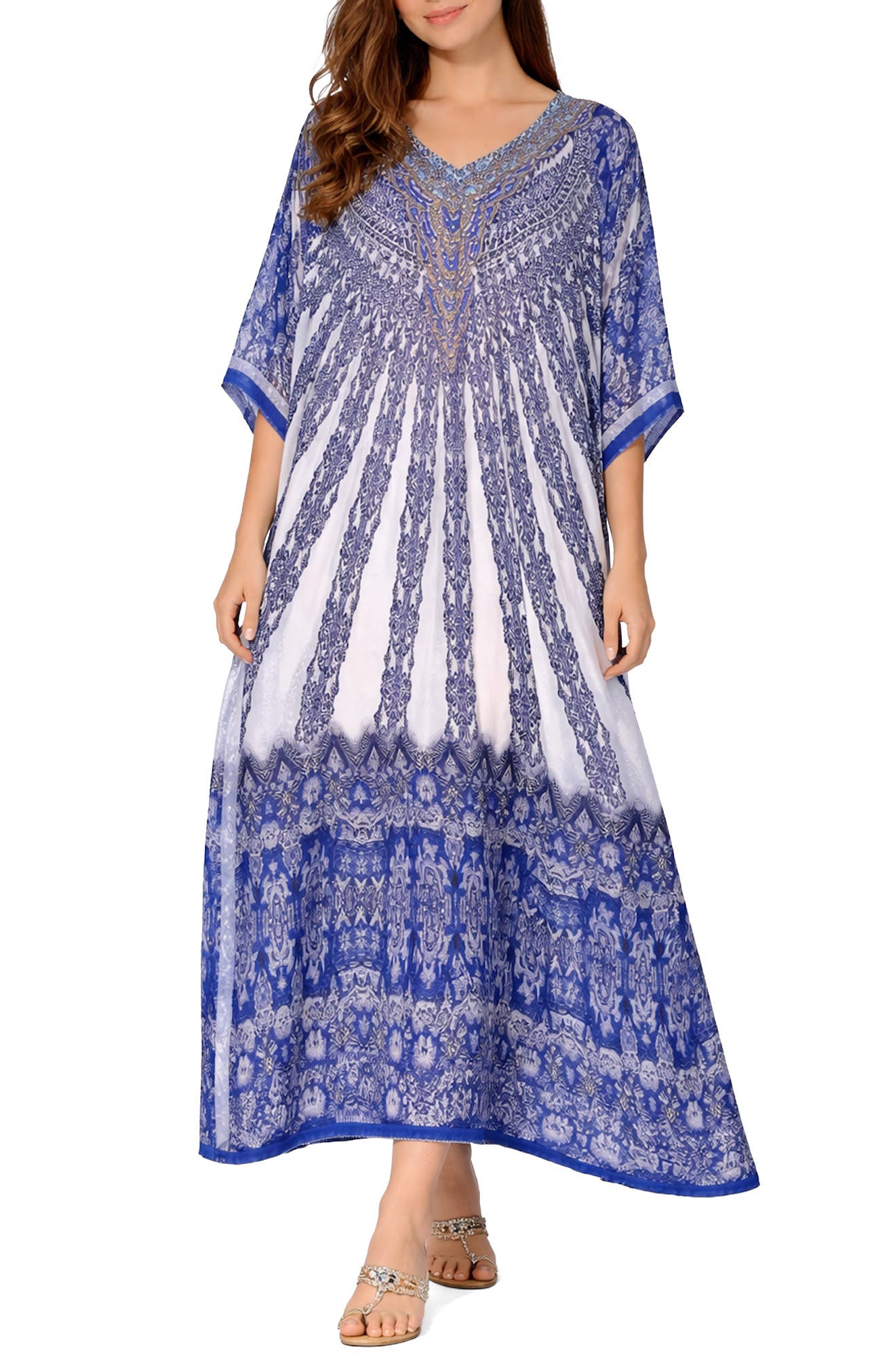 RANEES Filigree Print V-Neck Maxi Caftan