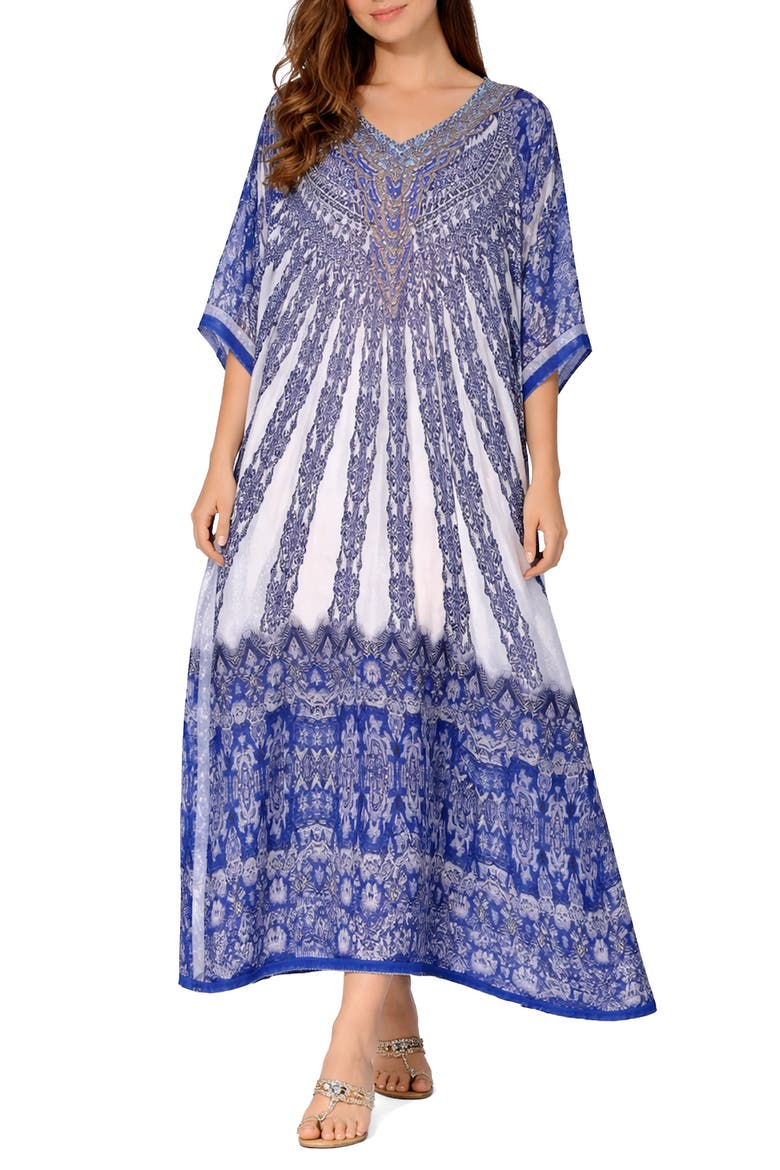 Filigree Print V-Neck Maxi Caftan, Main, color, BLUE