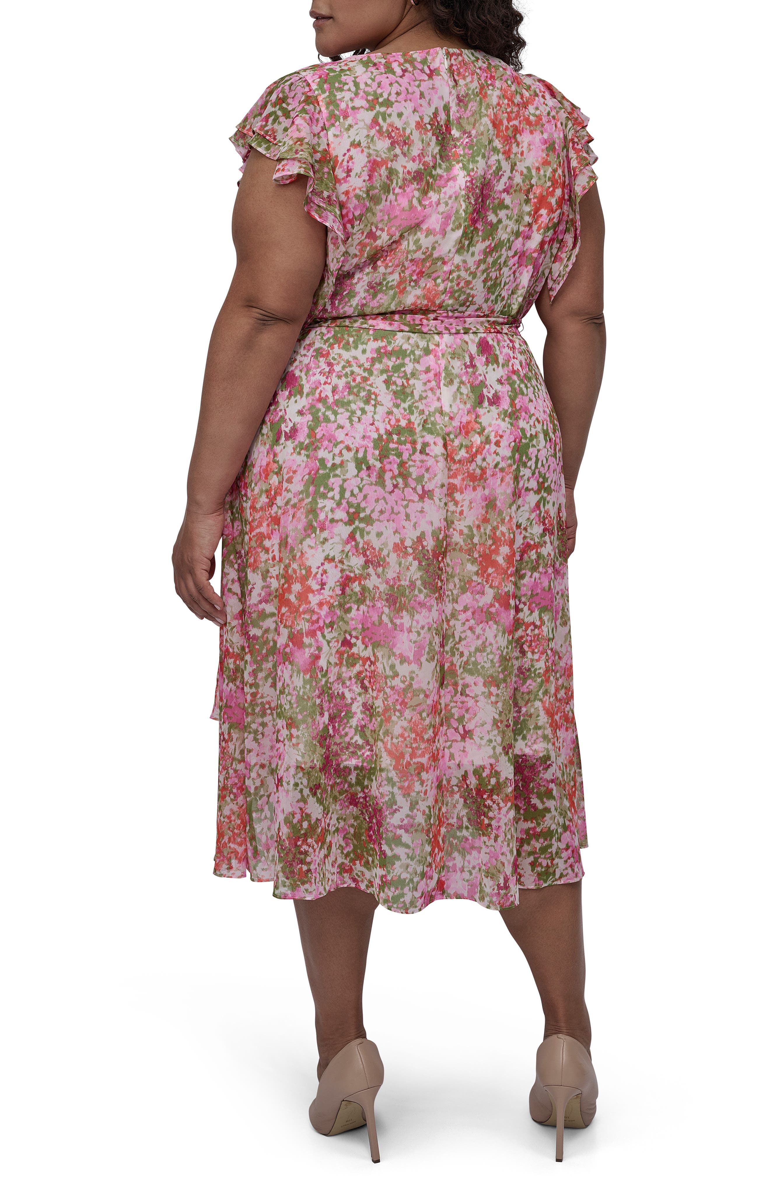 Double Flutter Sleeve Faux Wrap Dress - image 2