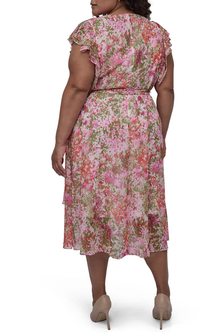 Double Flutter Sleeve Faux Wrap Dress, Alternate, color, IVORY/ AZALEA M