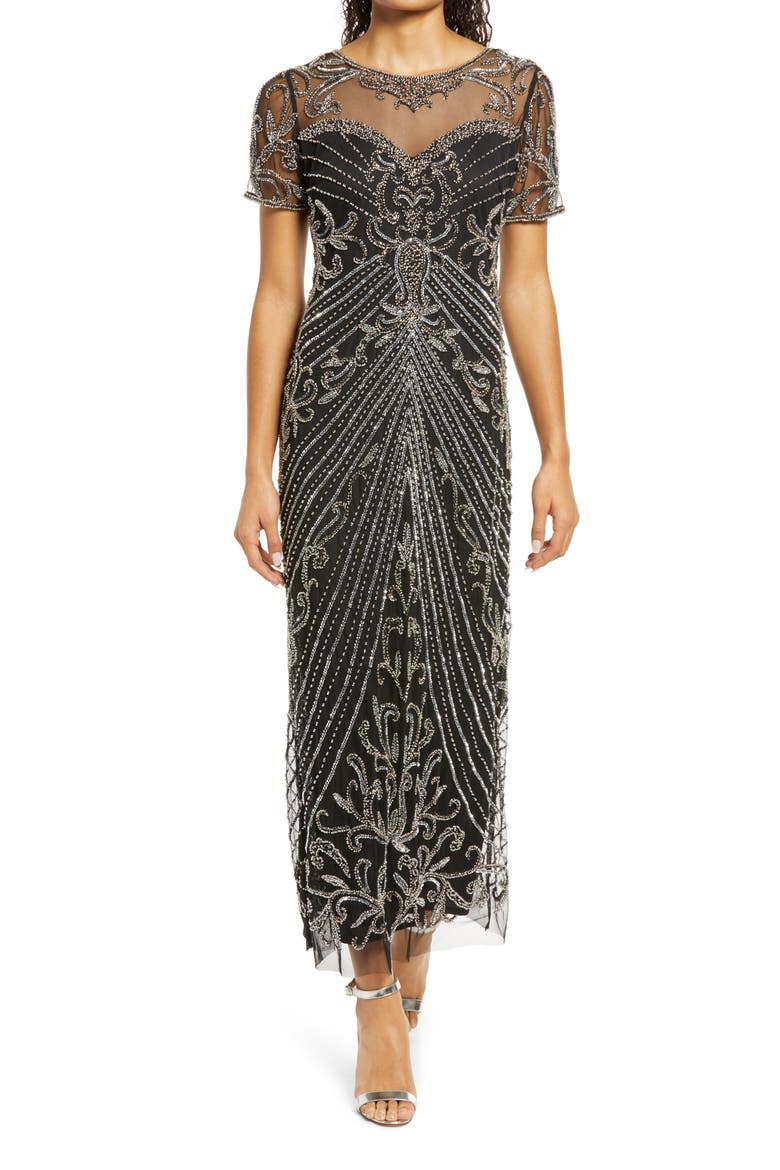 Illusion Beaded Mesh Column Gown, Main, color, BLACK