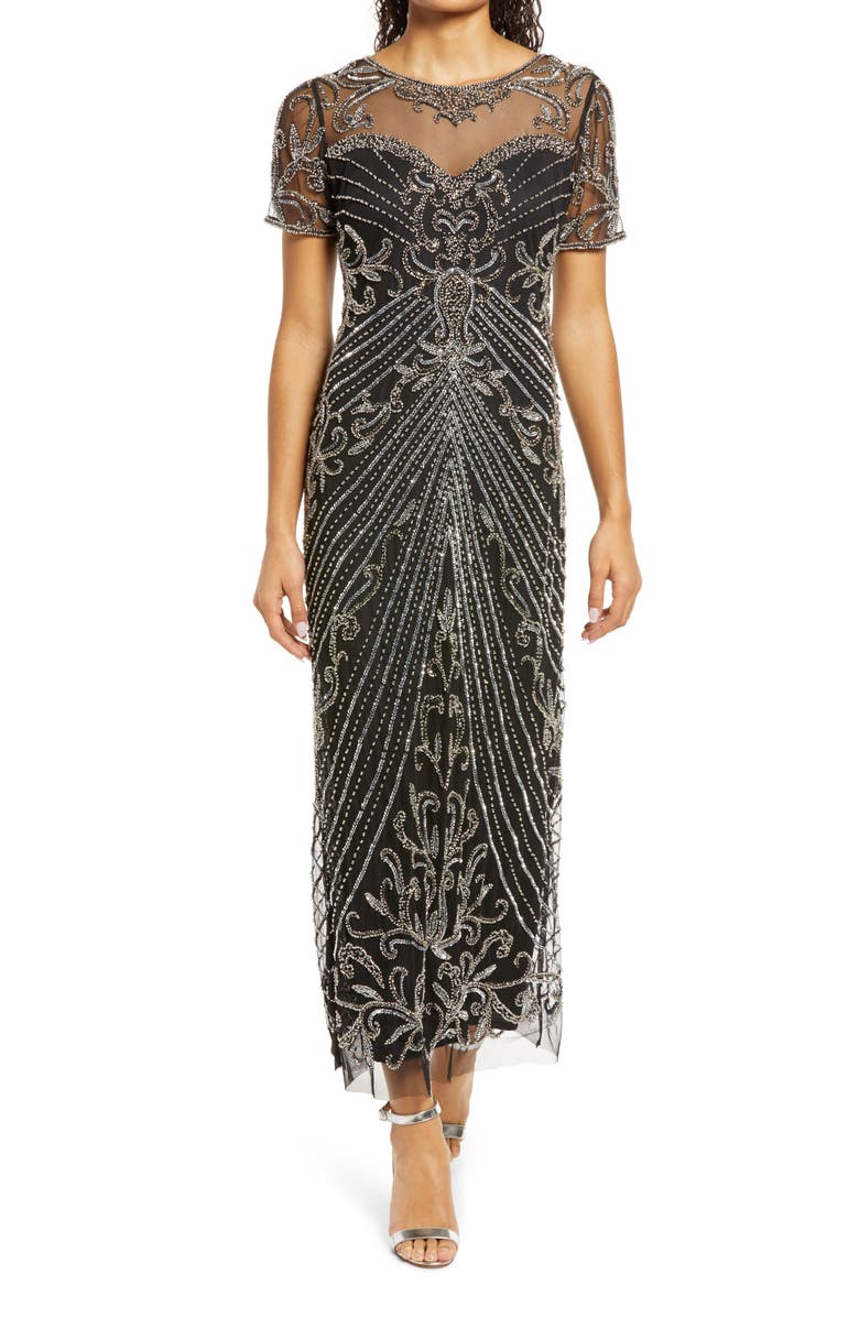 Pisarro Nights Illusion Beaded Mesh Column Gown, Main, color, Black