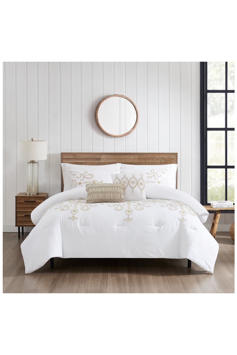 Sabrina 5-Piece Comforter Set, Alternate, color, WHITE WITH GOLD EMBROIDERY