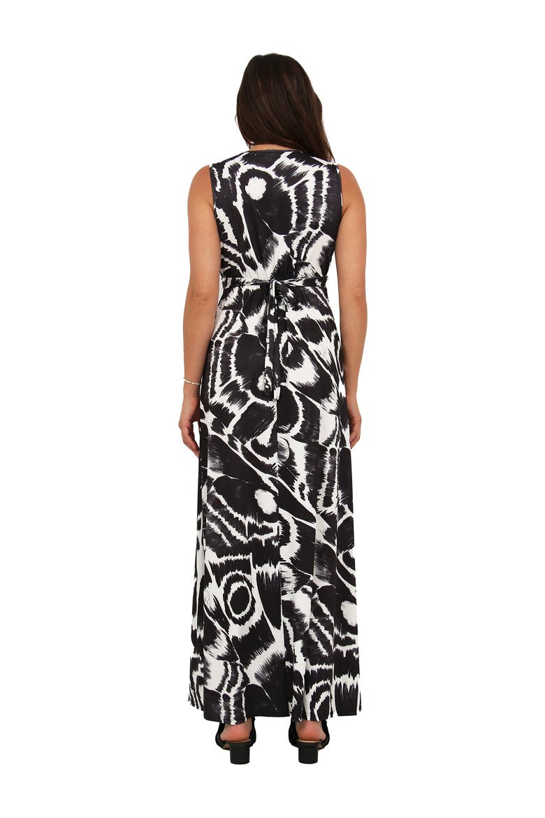 Womens Essential Abstract Print V-Neck Sleeveless Tie Back Empire Waist Maxi Dress, Alternate, color, Black Multi