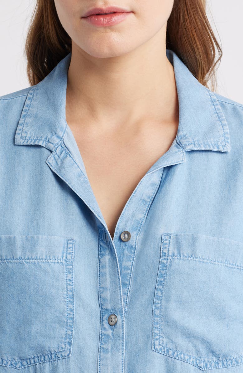 beachlunchlounge Issey Short Sleeve Chambray Shirt, Alternate, color, Light Wash