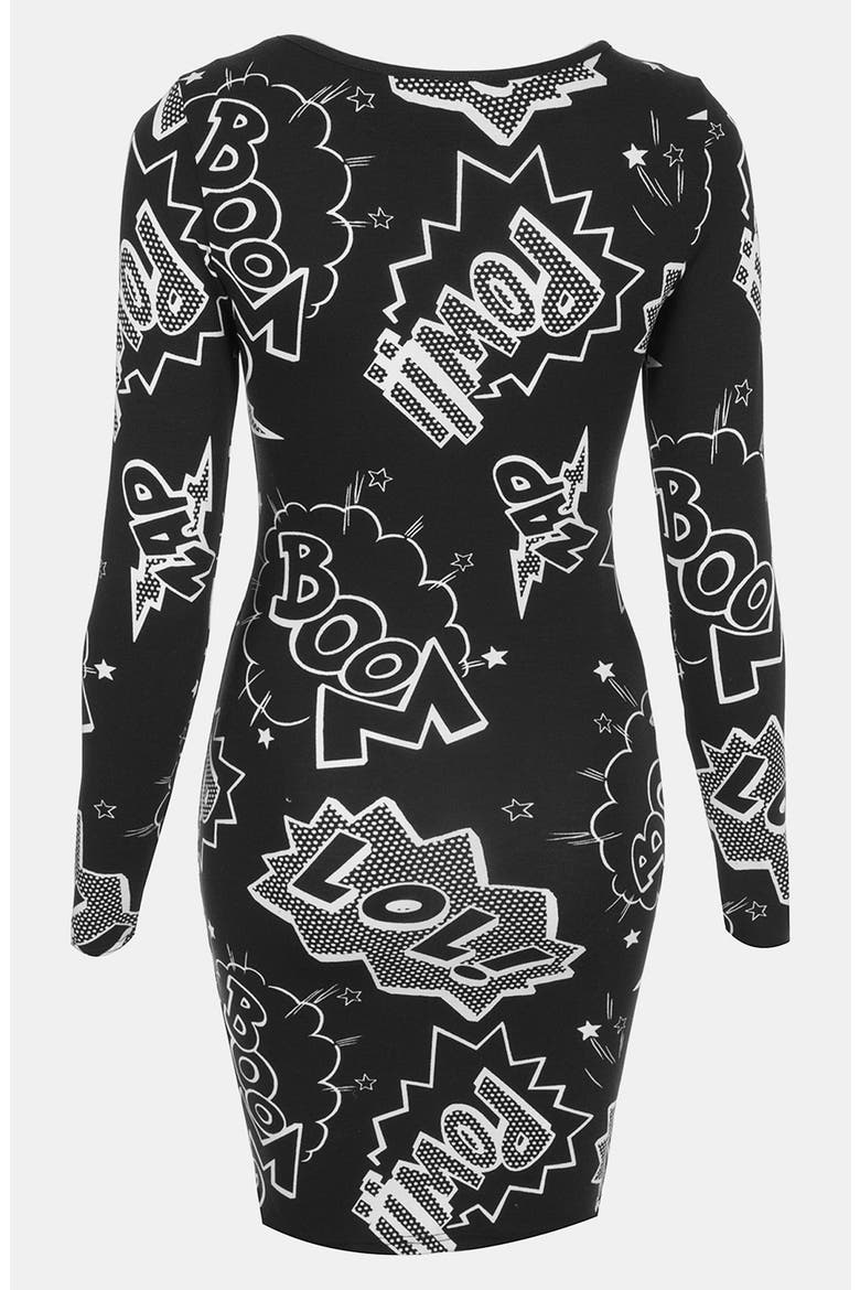 Comic Book Print Body-Con Dress, Alternate, color, BLACK