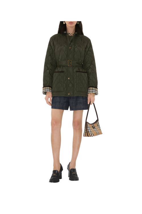 Burberry Quilted Nylon Jacket With Belt In Green
