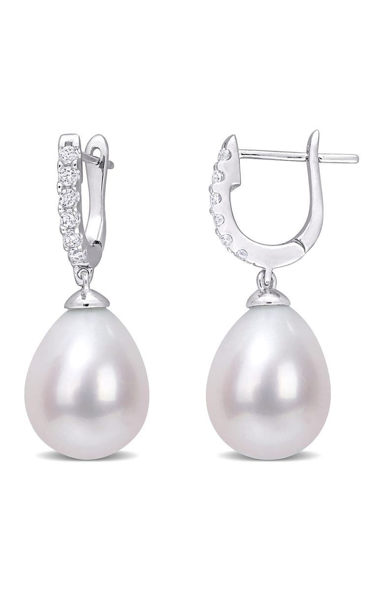DELMAR Sterling Silver White Cubic Zirconia & 8.5 - 9mm White Freshwater Cultured Pearl Cuff Earrings, Main, color, 