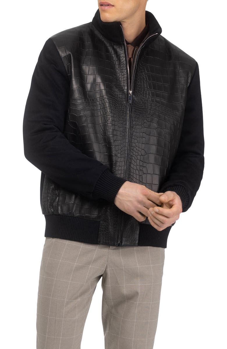 GORSKI Men's Jacket Crafted From Wool With Croco-Embossed Leather Front, Alternate, color, Black/Black