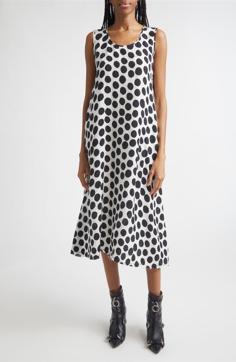 R13 Sleeveless Polka Dot Cupro Midi Dress, Main, color, White With Black Polka Dot