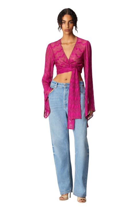 Crop Top With Wide Sleeves And Front Knot In Zig Zag Lamé Viscose