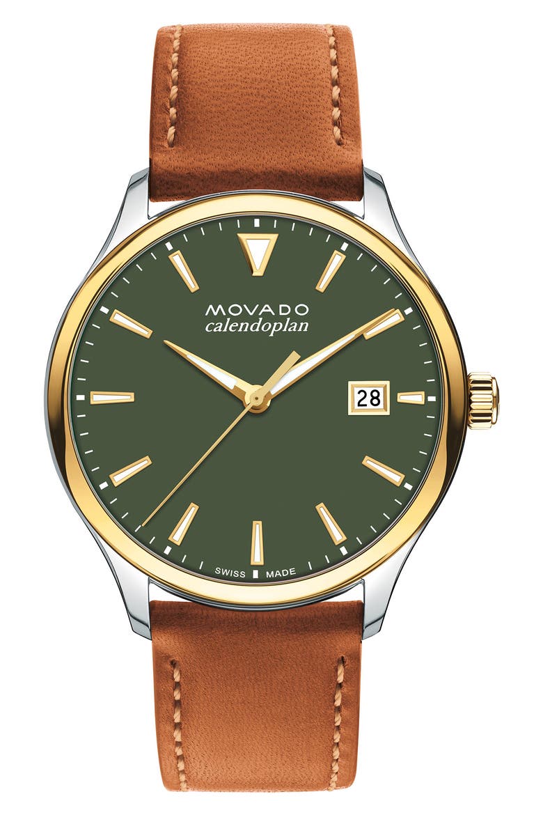 Heritage Calendoplan Leather Strap Watch, 40mm, Main, color, GREEN