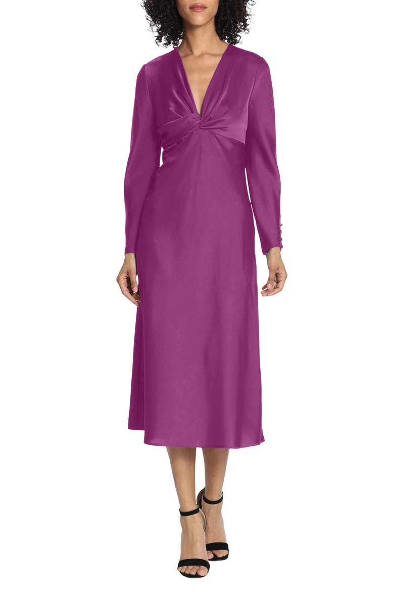 Twist V-Neck Long Sleeve Midi Dress, Main, color, DARK PURPLE