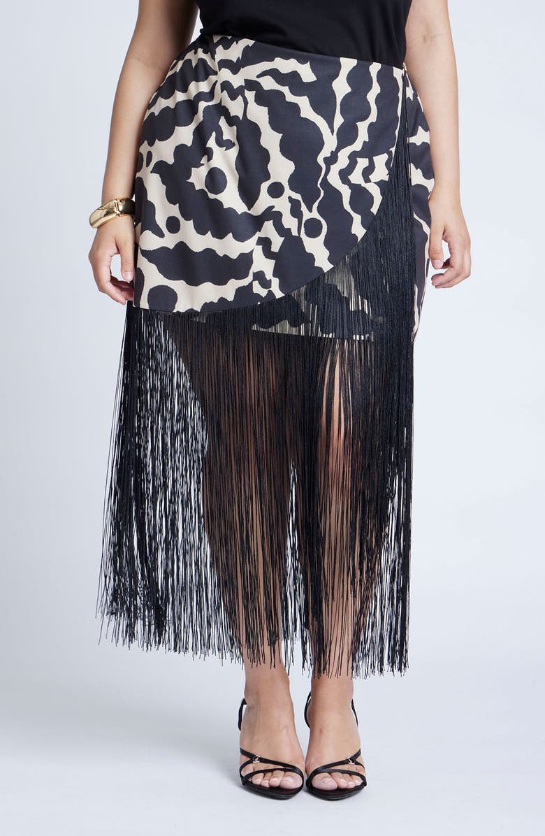 ELOQUII Wrap Front Fringe Skirt, Main, color,