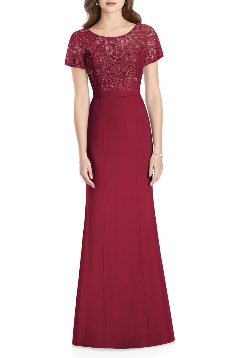 Embellished Lace Trumpet Gown, Main, color, BURGUNDY