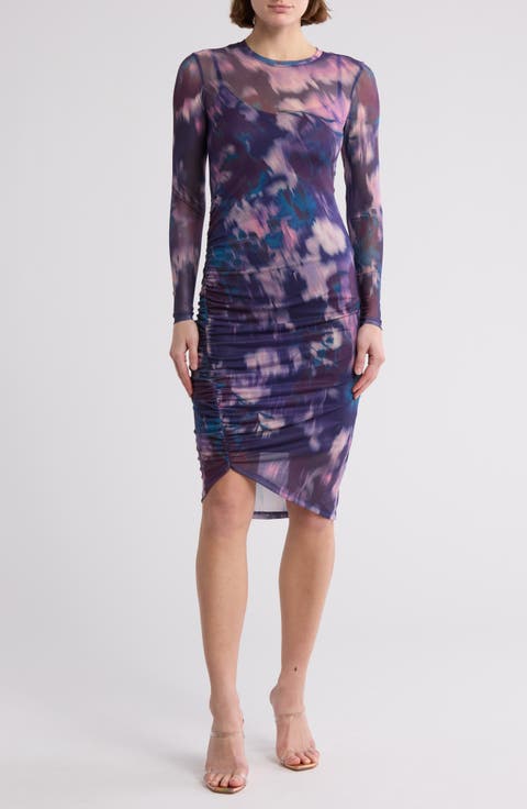 Long Sleeve Ruched Mesh Dress