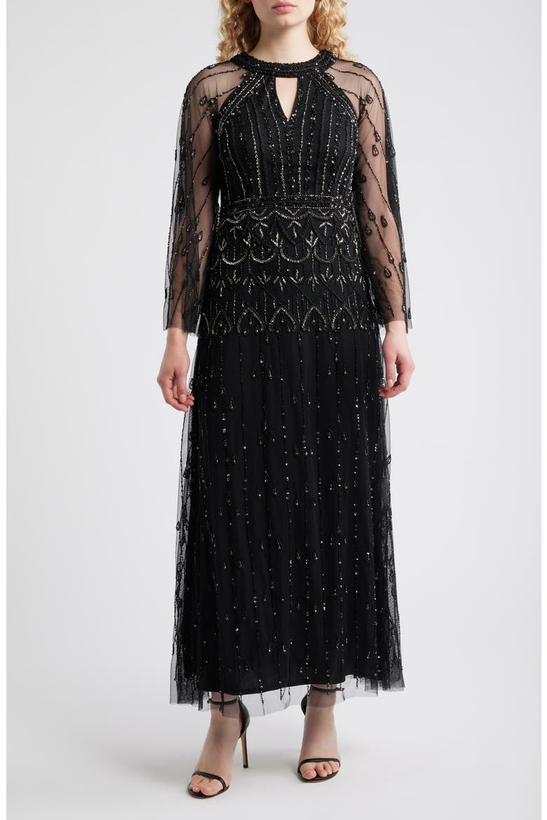 Illusion Long Sleeve Beaded A-Line Gown, Main, color, BLACK