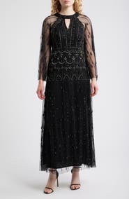 Pisarro Nights Illusion Long Sleeve Beaded A-Line Gown