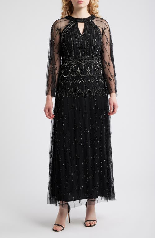 Pisarro Nights Illusion Long Sleeve Beaded A-line Gown In Black