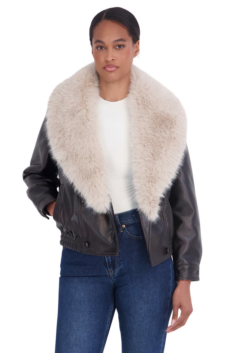 Faux Fur Collar Faux Leather Bomber Jacket, Alternate, color, BROWN