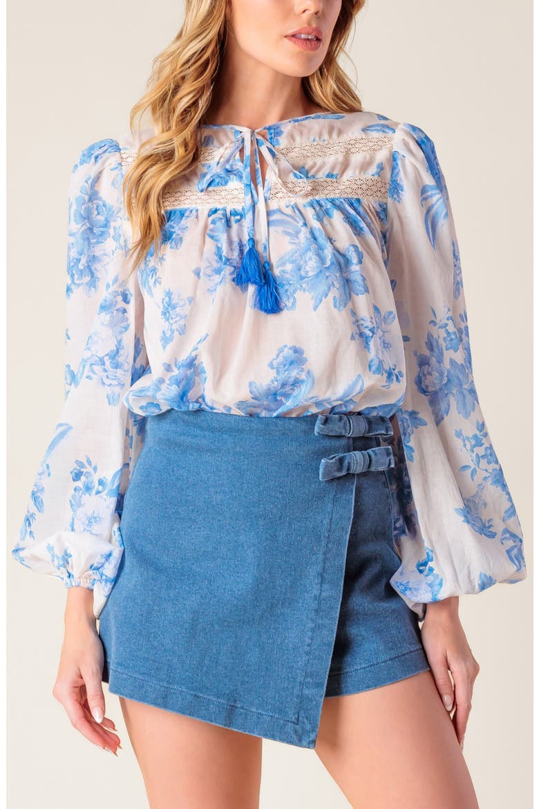 Lace Trim Split Neck Top, Alternate, color, IVORY BLUE