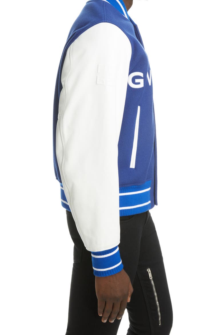 Mixed Media Logo Wool Blend Varsity Jacket, Alternate, color, WHITE/ BLUE