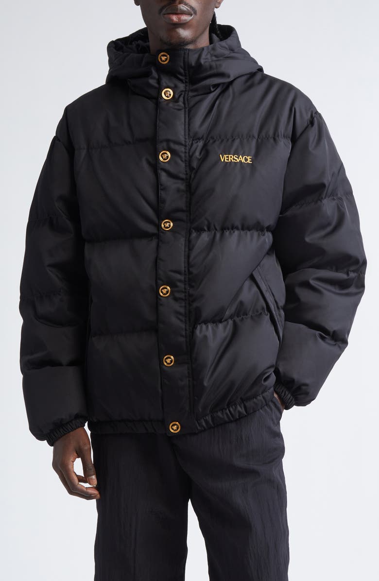 Versace Medusa Logo Embroidered Down Puffer Jacket, Main, color, Black