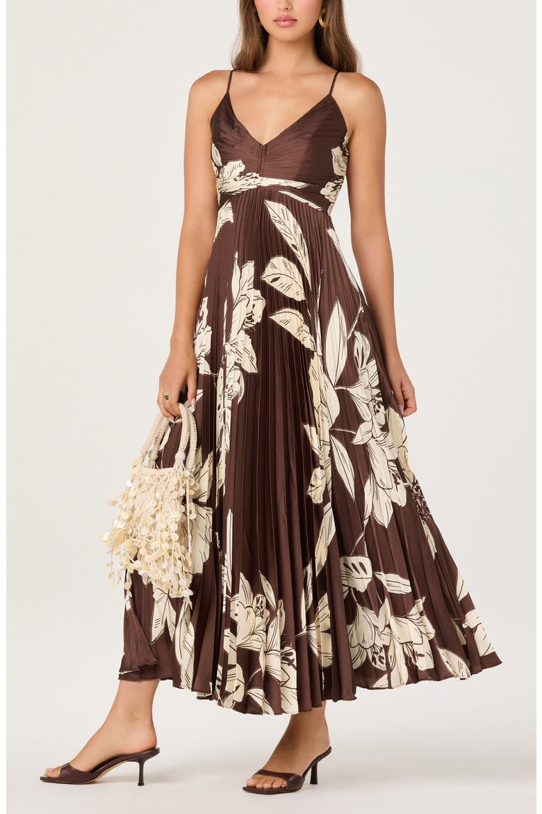 Clea Pleated Midi Dress, Alternate, color, BROWN FLORAL